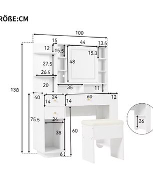 Moderne Kaptafel met Spiegel en LED-verlichting – Lade, Open Plank en Kruk, 100×40×138 cm