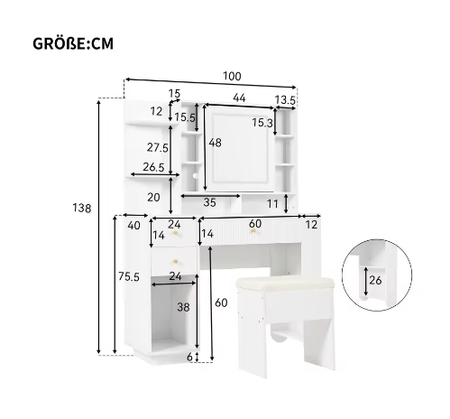 Moderne Kaptafel met Spiegel en LED-verlichting – Lade, Open Plank en Kruk, 100×40×138 cm