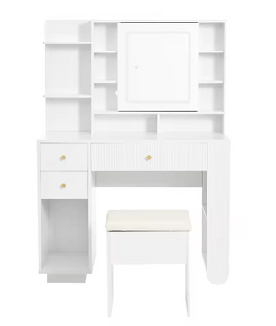 Moderne Kaptafel met Spiegel en LED-verlichting – Lade, Open Plank en Kruk, 100×40×138 cm