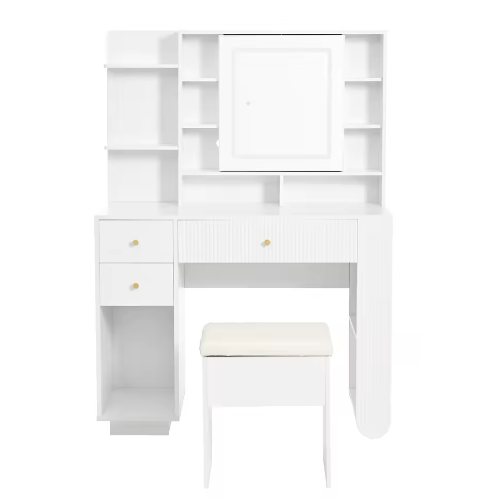 Moderne Kaptafel met Spiegel en LED-verlichting – Lade, Open Plank en Kruk, 100×40×138 cm