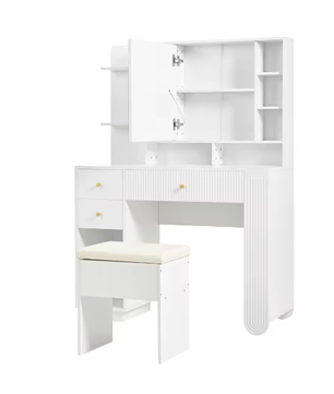 Moderne Kaptafel met Spiegel en LED-verlichting – Lade, Open Plank en Kruk, 100×40×138 cm