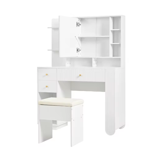 Moderne Kaptafel met Spiegel en LED-verlichting – Lade, Open Plank en Kruk, 100×40×138 cm
