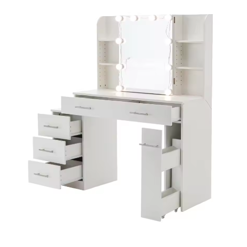 Moderne Kaptafel met Schuifspiegel, 5 Lades, Open Planken en Kruk – Wit