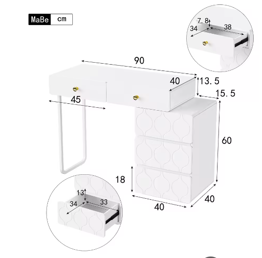 Kaptafel met 5 Lades – Uitwisselbare Kast en Poten, Modern en Functioneel, 90 x 40 x 73,5 cm