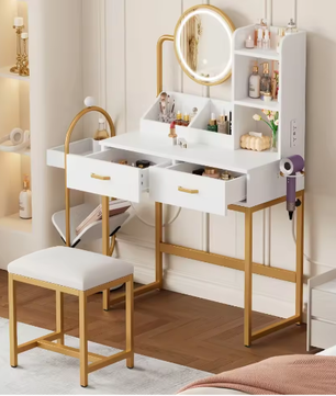 Verlichte Make-uptafel met HD-Spiegel, Gouden Poten, 2 Lades en Opbergruimte – 80×138,5×40 cm
