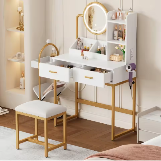 Verlichte Make-uptafel met HD-Spiegel, Gouden Poten, 2 Lades en Opbergruimte – 80×138,5×40 cm