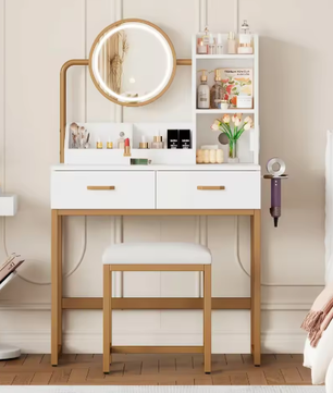 Verlichte Make-uptafel met HD-Spiegel, Gouden Poten, 2 Lades en Opbergruimte – 80×138,5×40 cm