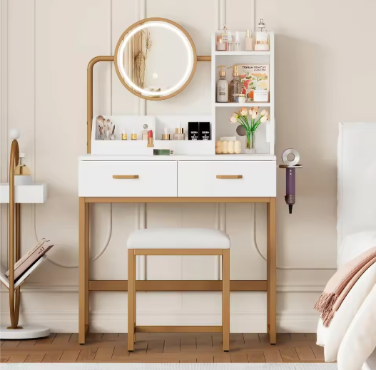Verlichte Make-uptafel met HD-Spiegel, Gouden Poten, 2 Lades en Opbergruimte – 80×138,5×40 cm