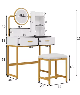 Verlichte Make-uptafel met HD-Spiegel, Gouden Poten, 2 Lades en Opbergruimte – 80×138,5×40 cm