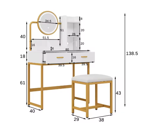 Verlichte Make-uptafel met HD-Spiegel, Gouden Poten, 2 Lades en Opbergruimte – 80×138,5×40 cm