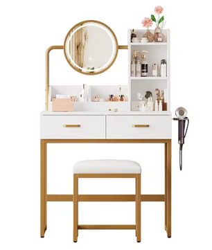 Verlichte Make-uptafel met HD-Spiegel, Gouden Poten, 2 Lades en Opbergruimte – 80×138,5×40 cm