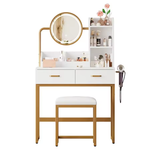 Verlichte Make-uptafel met HD-Spiegel, Gouden Poten, 2 Lades en Opbergruimte – 80×138,5×40 cm