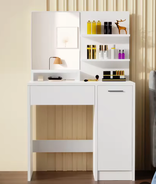 Kaptafel met Spiegel – 1 Lade, 2 Planken en Opbergkast, Modern en Functioneel