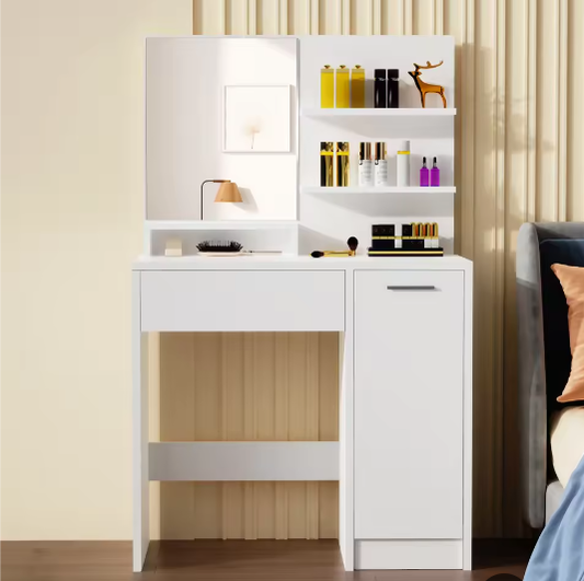 Kaptafel met Spiegel – 1 Lade, 2 Planken en Opbergkast, Modern en Functioneel