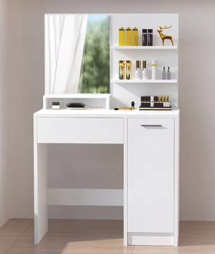 Kaptafel met Spiegel – 1 Lade, 2 Planken en Opbergkast, Modern en Functioneel