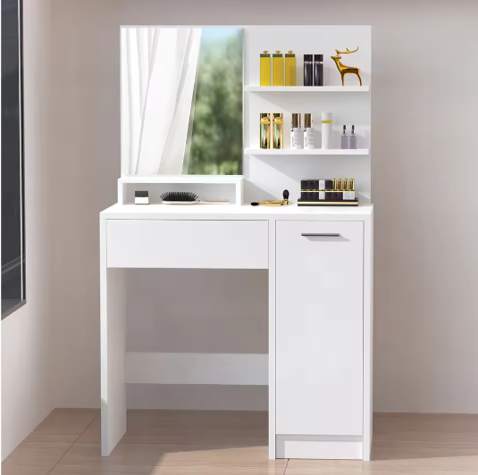 Kaptafel met Spiegel – 1 Lade, 2 Planken en Opbergkast, Modern en Functioneel