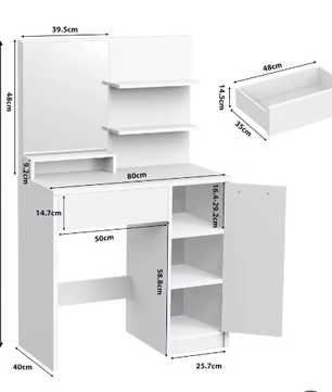 Kaptafel met Spiegel – 1 Lade, 2 Planken en Opbergkast, Modern en Functioneel