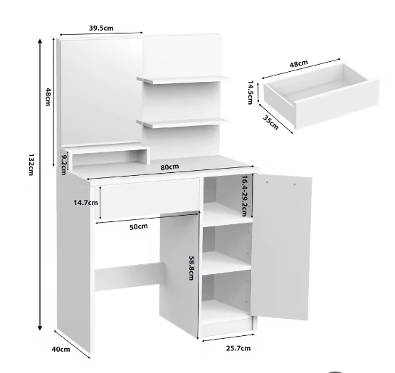 Kaptafel met Spiegel – 1 Lade, 2 Planken en Opbergkast, Modern en Functioneel