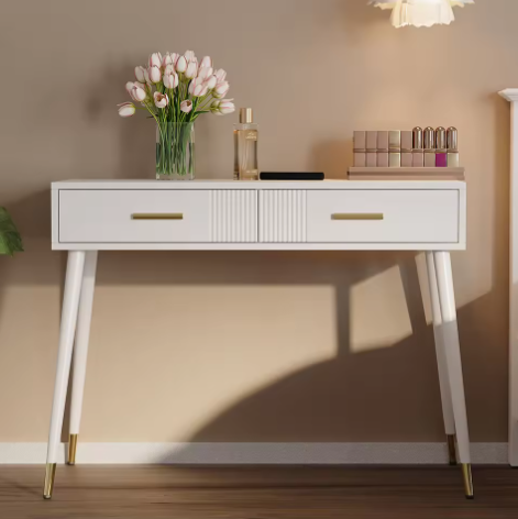 Kaptafel met 2 Lades – Modern Bureau met Metalen Poten, Wit
