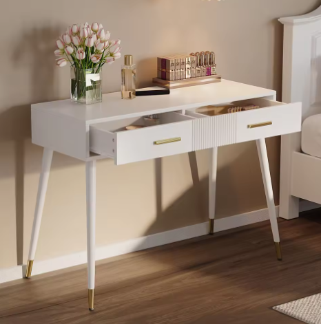 Kaptafel met 2 Lades – Modern Bureau met Metalen Poten, Wit