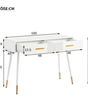 Kaptafel met 2 Lades – Modern Bureau met Metalen Poten, Wit