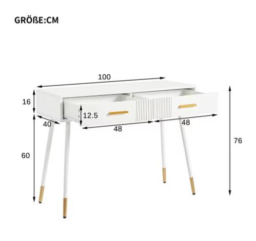 Kaptafel met 2 Lades – Modern Bureau met Metalen Poten, Wit