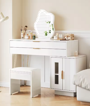 Kaptafel met LED-Spiegel – Moderne Make-uptafel met Uitschuifbare Laden, Wit