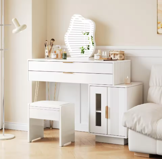 Kaptafel met LED-Spiegel – Moderne Make-uptafel met Uitschuifbare Laden, Wit