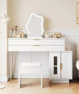Kaptafel met LED-Spiegel – Moderne Make-uptafel met Uitschuifbare Laden, Wit