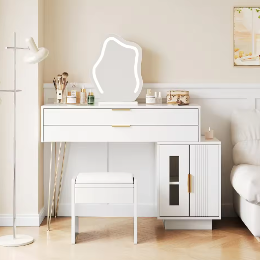 Kaptafel met LED-Spiegel – Moderne Make-uptafel met Uitschuifbare Laden, Wit