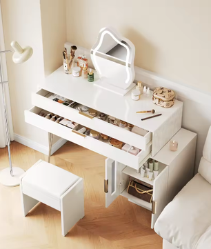 Kaptafel met LED-Spiegel – Moderne Make-uptafel met Uitschuifbare Laden, Wit