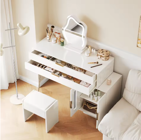 Kaptafel met LED-Spiegel – Moderne Make-uptafel met Uitschuifbare Laden, Wit