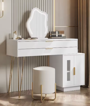 Kaptafel met LED-Spiegel – Moderne Make-uptafel met Uitschuifbare Laden, Wit