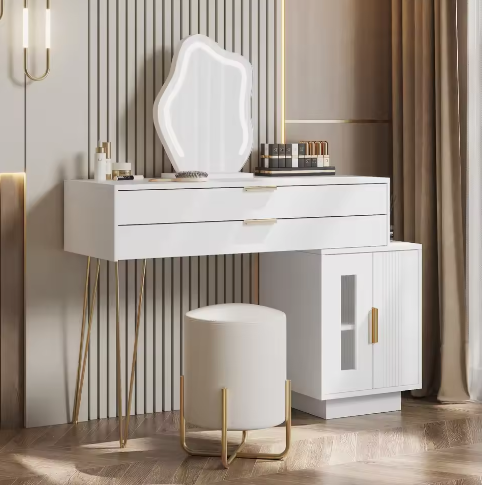 Kaptafel met LED-Spiegel – Moderne Make-uptafel met Uitschuifbare Laden, Wit