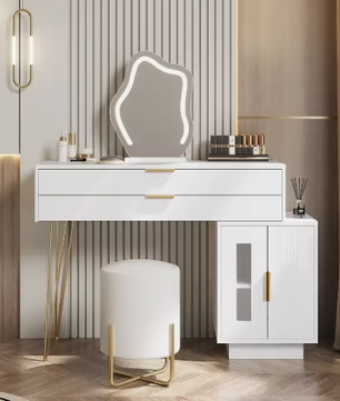 Kaptafel met LED-Spiegel – Moderne Make-uptafel met Uitschuifbare Laden, Wit