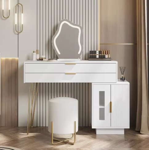 Kaptafel met LED-Spiegel – Moderne Make-uptafel met Uitschuifbare Laden, Wit