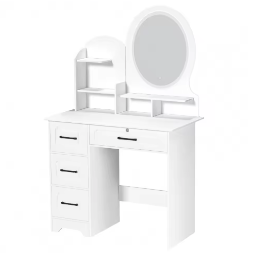 Kaptafel Europese Stijl – 4 Laden, Spiegel en Opbergplanken, Moderne Make-uptafel
