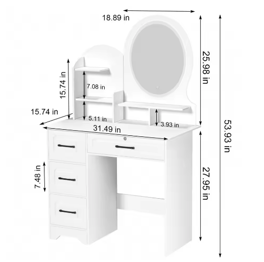Kaptafel Europese Stijl – 4 Laden, Spiegel en Opbergplanken, Moderne Make-uptafel