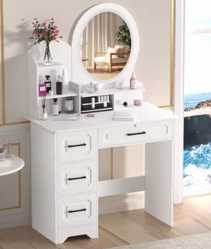 Kaptafel Europese Stijl – 4 Laden, Spiegel en Opbergplanken, Moderne Make-uptafel