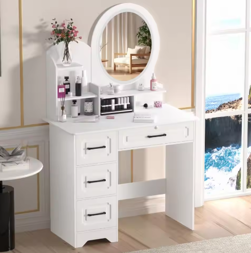 Kaptafel Europese Stijl – 4 Laden, Spiegel en Opbergplanken, Moderne Make-uptafel