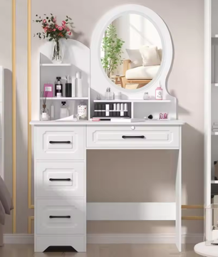 Kaptafel Europese Stijl – 4 Laden, Spiegel en Opbergplanken, Moderne Make-uptafel
