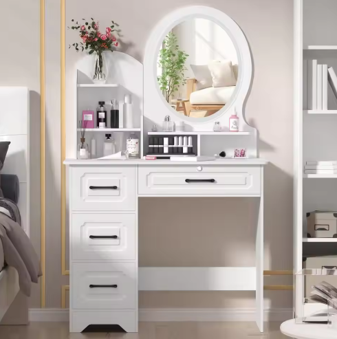 Kaptafel Europese Stijl – 4 Laden, Spiegel en Opbergplanken, Moderne Make-uptafel