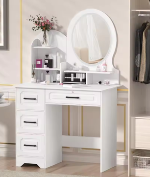 Kaptafel Europese Stijl – 4 Laden, Spiegel en Opbergplanken, Moderne Make-uptafel