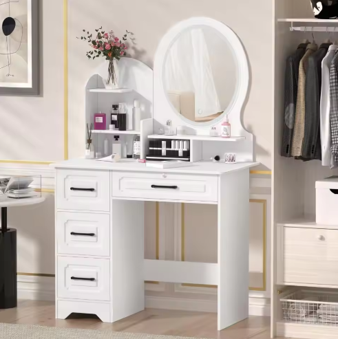 Kaptafel Europese Stijl – 4 Laden, Spiegel en Opbergplanken, Moderne Make-uptafel