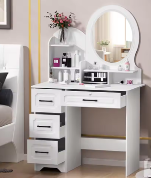 Kaptafel Europese Stijl – 4 Laden, Spiegel en Opbergplanken, Moderne Make-uptafel