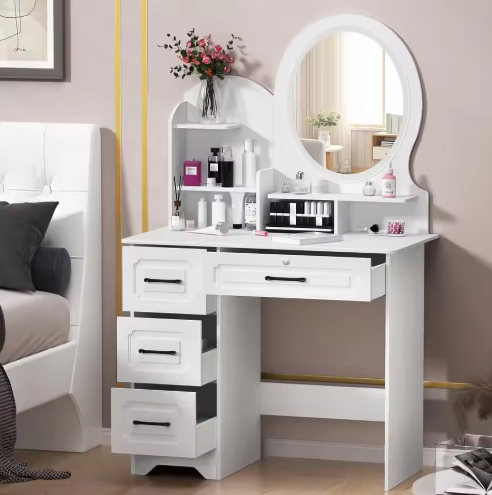 Kaptafel Europese Stijl – 4 Laden, Spiegel en Opbergplanken, Moderne Make-uptafel