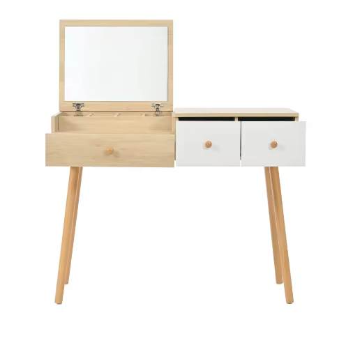 Moderne Houten Kaptafel met Spiegel, 3 Lades en Opbergvakken