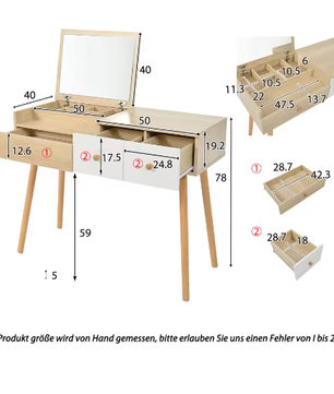Moderne Houten Kaptafel met Spiegel, 3 Lades en Opbergvakken