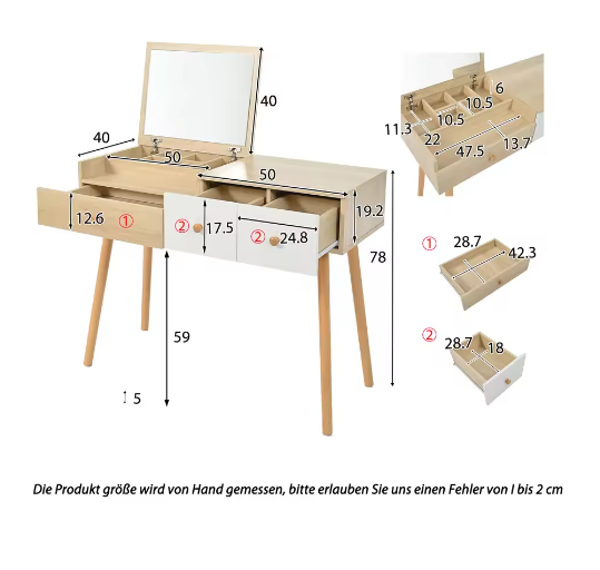Moderne Houten Kaptafel met Spiegel, 3 Lades en Opbergvakken