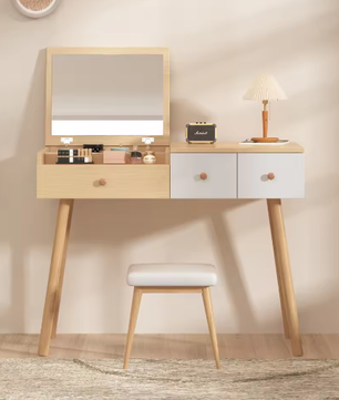 Moderne Houten Kaptafel met Spiegel, 3 Lades en Opbergvakken